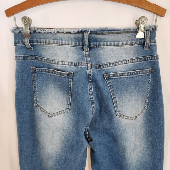 BAMBOO JEANS Blue Distressed Stretch Jeans High Waisted Straight Leg Size 7/8 - Picture 4 of 7